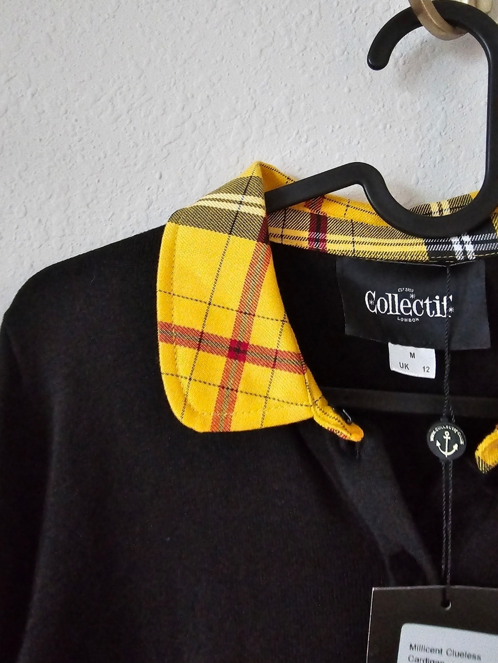 Collectif Black Cardigan with Yellow Tartan Collar - Picture 4 of 11